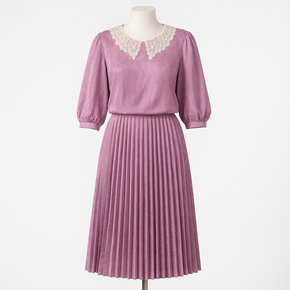 R.E.O. Originals Dress Vintage Pleated L Purple Floral Jacquard Lace Collar USA‎